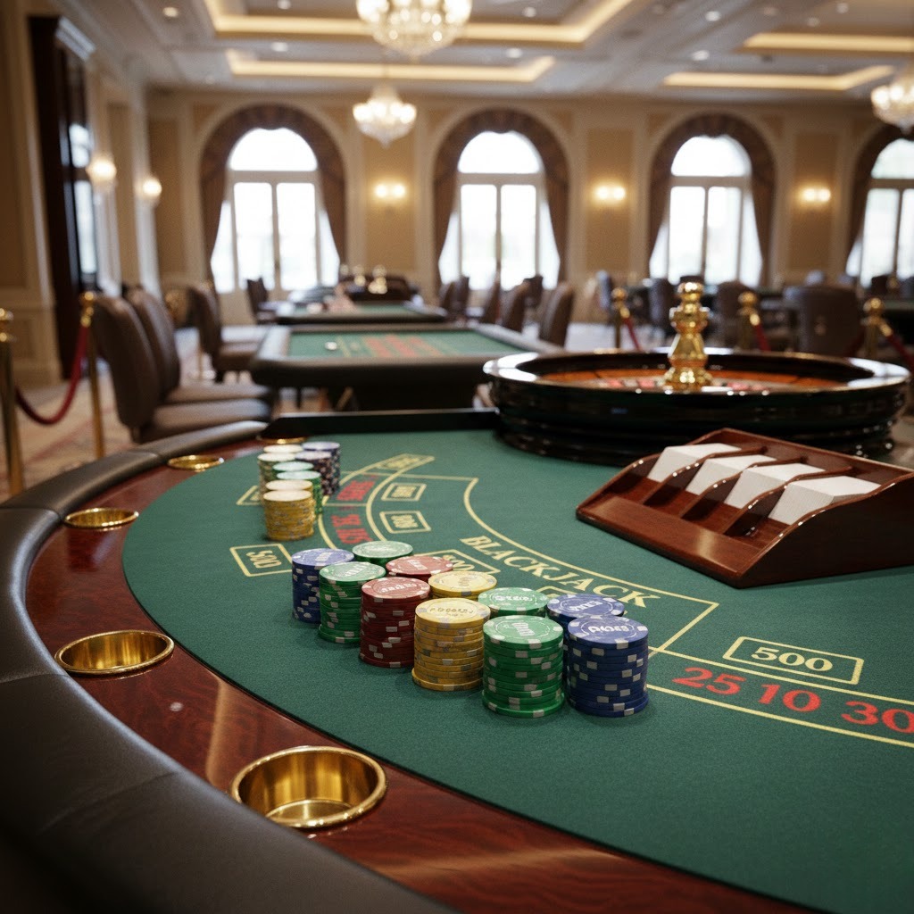 Meja blackjack modern dengan chip premium dan roulette, nuansa elegan Hokiku88