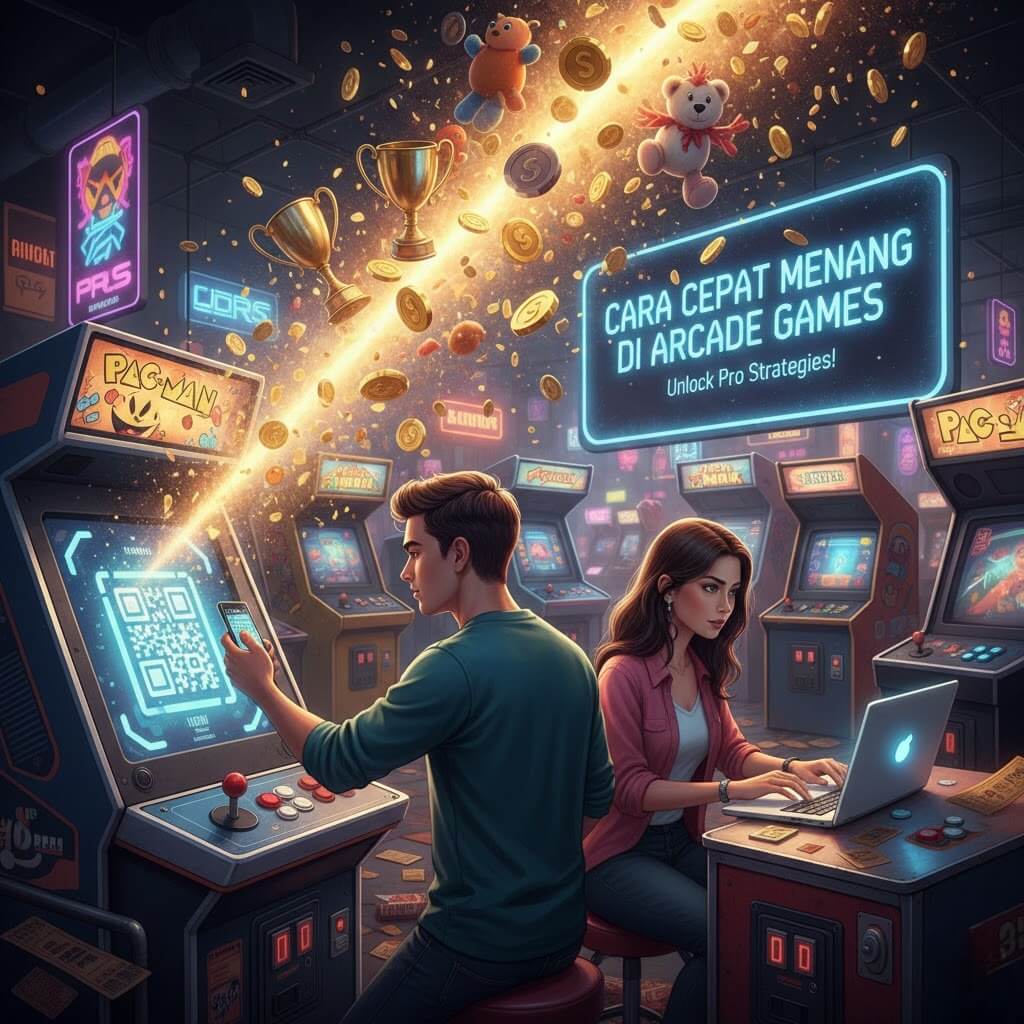 Ilustrasi Cara Cepat Menang di Arcade Games dengan Dewiku88 Login, menampilkan QRIS deposit dan slot online