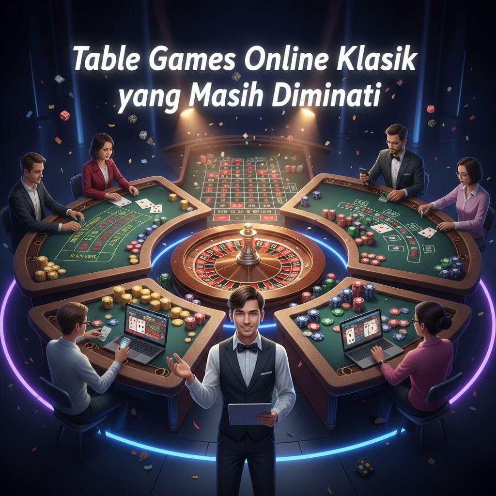Ilustrasi Table Games Online Klasik yang Masih Diminati dengan Hokijoss, menampilkan baccarat, blackjack, roulette, live dealer, dan pemain mobile
