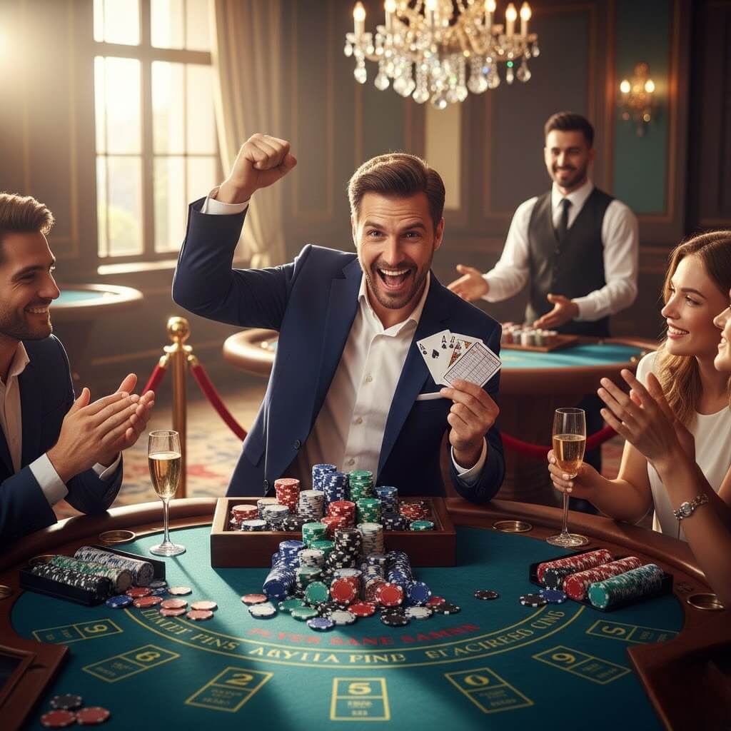 Pemain live game online merayakan kemenangan besar di meja blackjack dan baccarat, tumpukan chip tinggi, kartu terlihat jelas, strategi HOKIJOSS