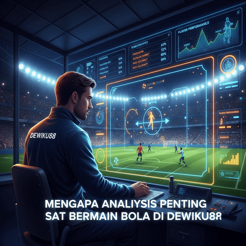 Seorang analis sedang menggunakan teknologi AI untuk memprediksi permainan bola di stadion, data statistik dan grafik performa tim terlihat di layar, tema Dewiku88